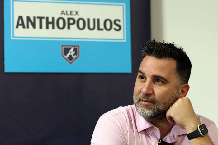 Feb 15, 2024; Tampa, FL, USA; Atlanta Braves general manager and president of baseball operations Alex Anthopoulos talks with media at George M. Steinbrenner Field.