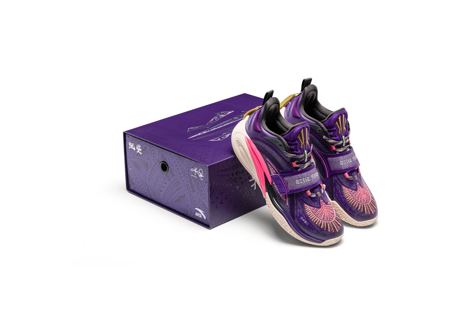 Kyrie Irving's purple ANTA sneakers propped on a box.