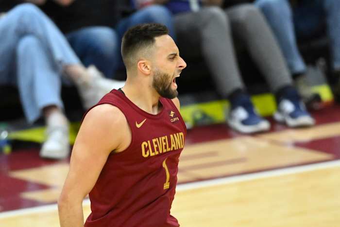Feb 27, 2024; Cleveland, Ohio, USA; Cleveland Cavaliers guard Max Strus (1) celebrates a three-point basket in the fourth quarter against the Dallas Mavericks at Rocket Mortgage FieldHouse. Mandatory Credit: David Richard-USA TODAY Sports