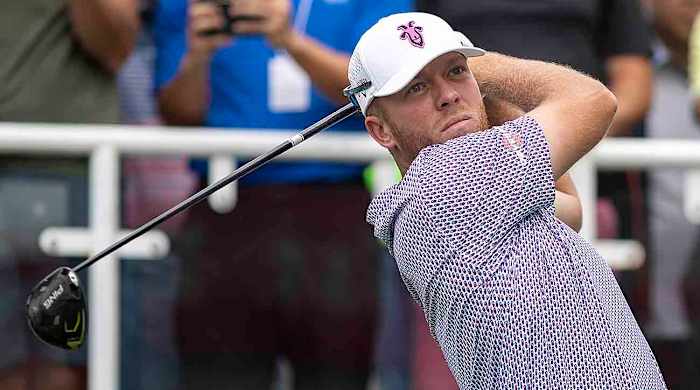 Talor Goochtees off during the first round of the 2023 Hong Kong Open at Hong Kong Golf Club.
