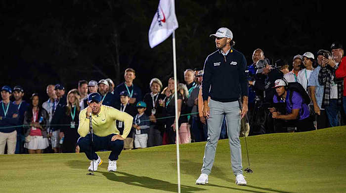 Rory McIlroy (left) and Max Homa compete in the 2024 edition of The Match on Feb. 26, 2024.