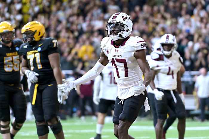 Dec 2, 2023; Moscow, ID, USA; Southern Illinois Salukis cornerback Mark Davis (17) reacts after being called for pass interference during a game against the Idaho Vandals in the second half at Kibble Dome. Idaho won 20-17 in OT.