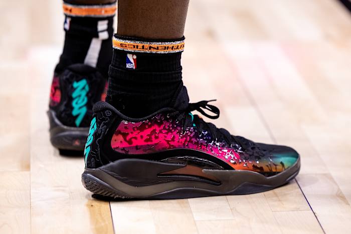 New Orleans Pelicans forward Zion Williamson's black and red Jordan Brand sneakers.