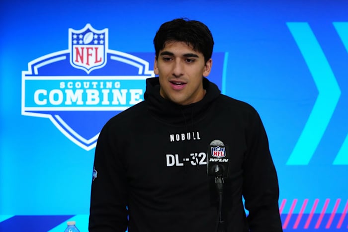 Feb 28, 2024; Indianapolis, IN, USA; Utah defensive lineman Jonah Elliss (DL32) speaks at a press conference at the NFL Scouting Combine at Indiana Convention Center. Mandatory Credit: Kirby Lee-USA TODAY Sports