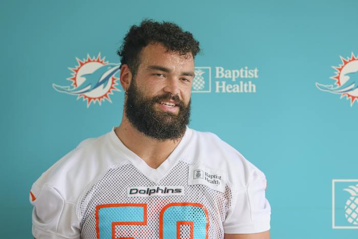 Jul 26, 2023; Miami Gardens, FL, USA; Miami Dolphins guard Connor Williams (58) talks to reporters during training camp at Baptist Health Training Facility.