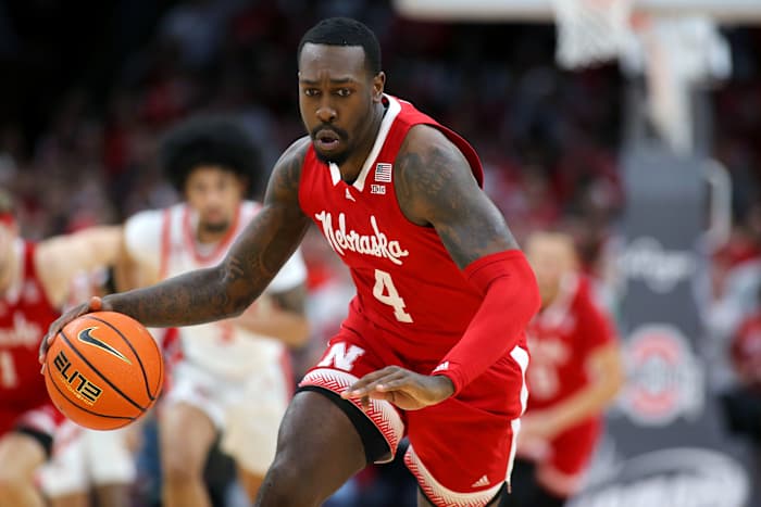 Feb 29, 2024; Columbus, Ohio, USA; Nebraska Cornhuskers forward Juwan Gary (4) controls the ball during the first half against the Ohio State Buckeyes at Value City Arena.