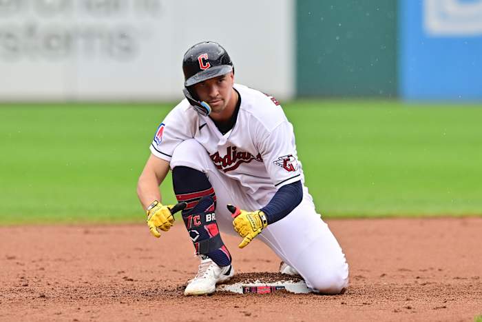 Sep 6, 2023; Cleveland, Ohio, USA; Cleveland Guardians left fielder Will Brennan (17) celebrates after hitting an RBI double during the fourth inning against the Minnesota Twins at Progressive Field.