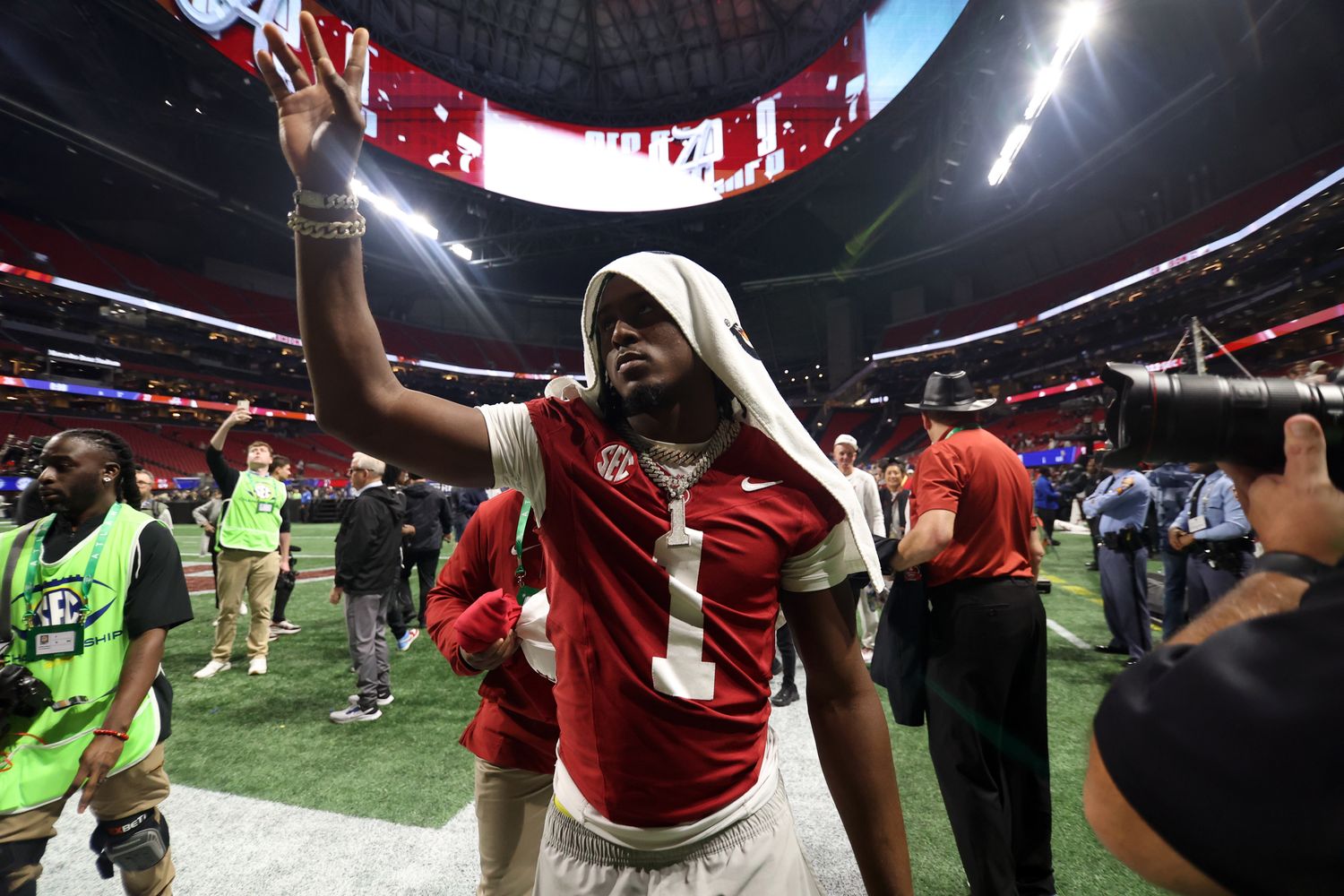 Alabama Crimson Tide defensive back Kool-Aid McKinstry (1) reacts after defeating the Georgia Bulldogs in the SEC championship game at Mercedes-Benz Stadium