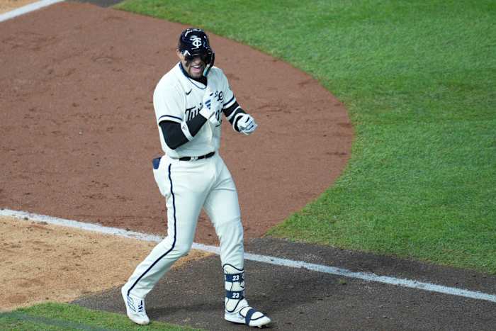 Oct 11, 2023; Minneapolis, Minnesota, USA; Minnesota Twins third baseman Royce Lewis (23) walks in the in the sixth inning against the Houston Astros during game four of the ALDS for the 2023 MLB playoffs at Target Field.