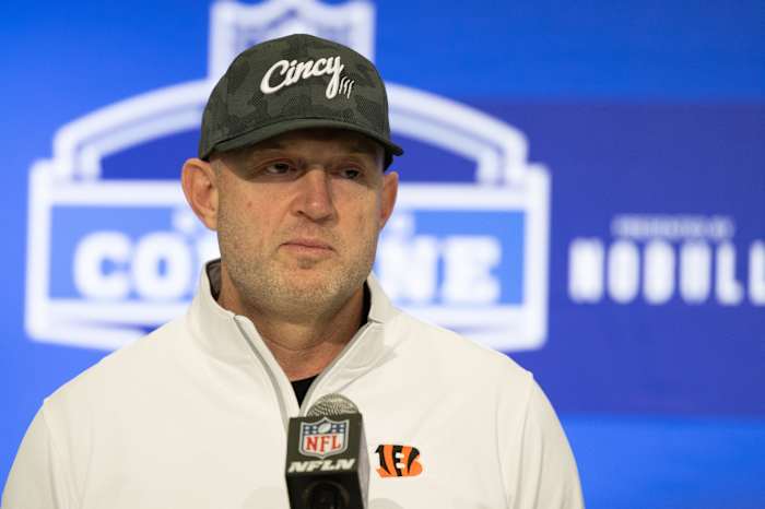Feb 27, 2024; Indianapolis, IN, USA; Cincinnati Bengals director of player personnel Duke Tobin talks to the media at the 2024 NFL Combine at Indiana Convention Center. Mandatory Credit: Trevor Ruszkowski-USA TODAY Sports