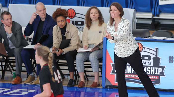 Davidson women’s basketball coach Gayle Fulks during an A-10 tournament game.