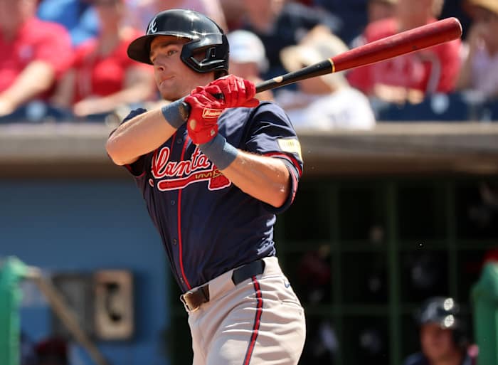 Feb 28, 2024; Clearwater, Florida, USA; Atlanta Braves pitcher Jordan Luplow (72) doubles during the second inning against the Philadelphia Phillies at BayCare Ballpark.