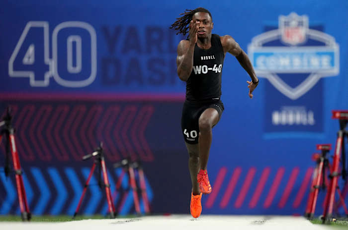Mar 2, 2024; Indianapolis, IN, USA; Texas wide receiver Xavier Worthy (WO40) during the 2024 NFL Combine at Lucas Oil Stadium.