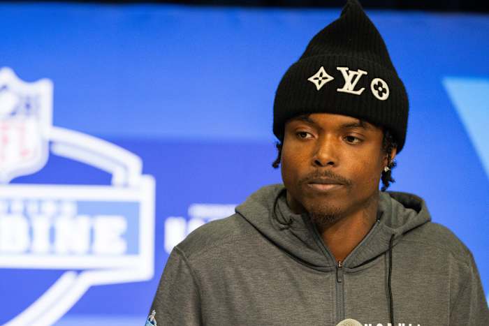 Feb 29, 2024; Indianapolis, IN, USA; Oregon defensive back Khyree Jackson (DB16) talks to the media during the 2024 NFL Combine at Lucas Oil Stadium.