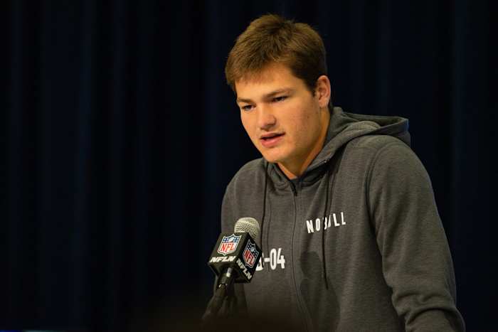 Mar 1, 2024; Indianapolis, IN, USA; North Carolina quarterback Drake Maye (QB04) talks to the media during the 2024 NFL Combine at Lucas Oil Stadium.