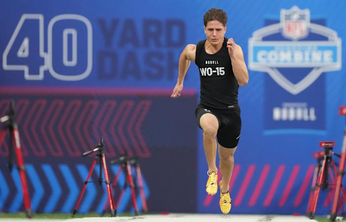 Mar 2, 2024; Indianapolis, IN, USA; Rice wide receiver Luke McCaffrey (WO15) during the 2024 NFL Combine at Lucas Oil Stadium. Mandatory Credit: Kirby Lee-USA TODAY Sports