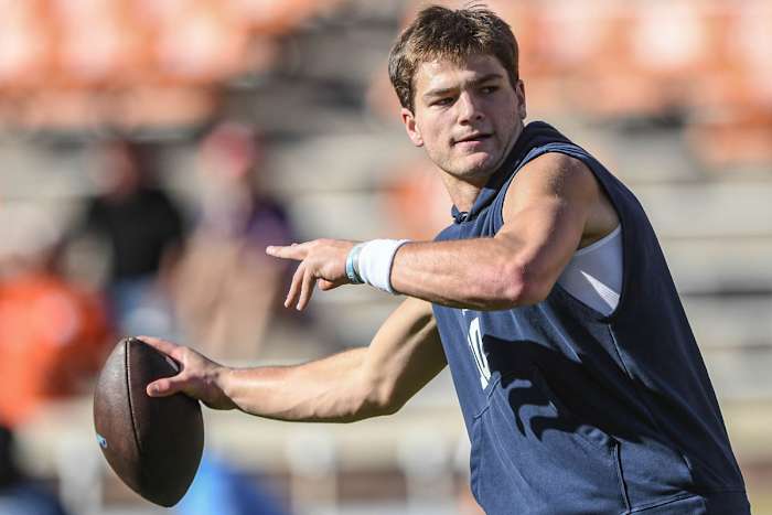 Nov 18, 2023; Clemson, South Carolina, USA; North Carolina Tar Heels quarterback Drake Maye (10) warms up before a game against the Clemson Tigers at Memorial Stadium.