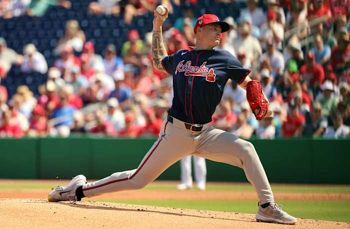 Feb 28, 2024; Clearwater, Florida, USA; Atlanta Braves starting pitcher AJ Smith-Shawver (32) throws a pitch during the first inning against the Philadelphia Phillies at BayCare Ballpark.