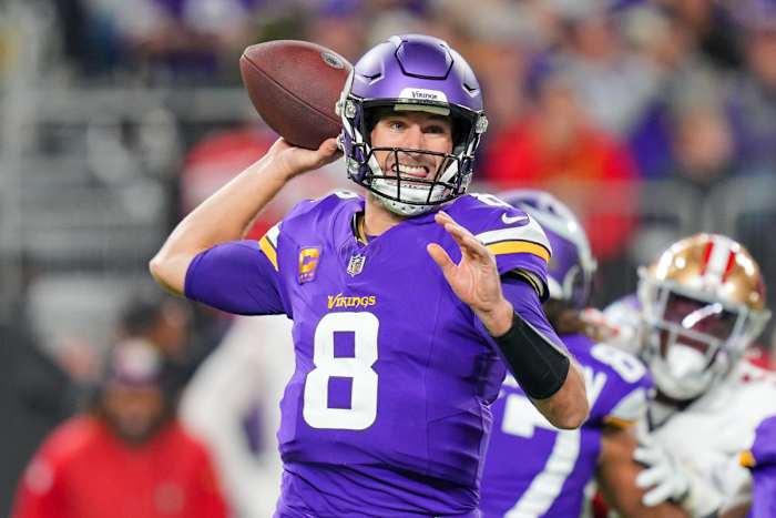 Oct 23, 2023; Minneapolis, Minnesota, USA; Minnesota Vikings quarterback Kirk Cousins (8) passes against the San Francisco 49ers in the first quarter at U.S. Bank Stadium.