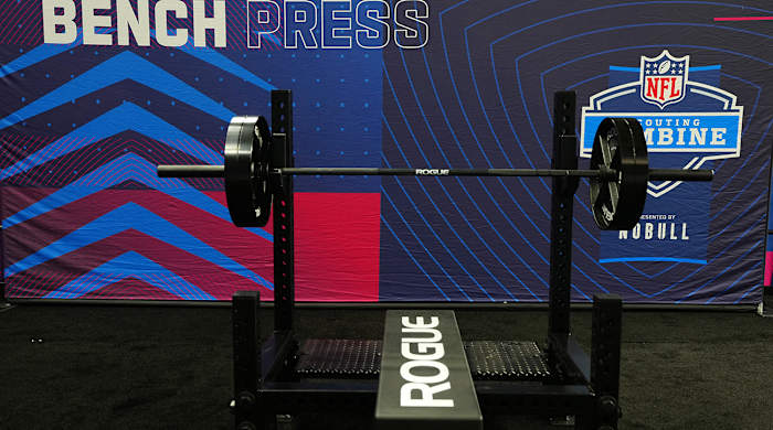 The bench press station for the 2024 NFL scouting combine at Lucas Oil Stadium.