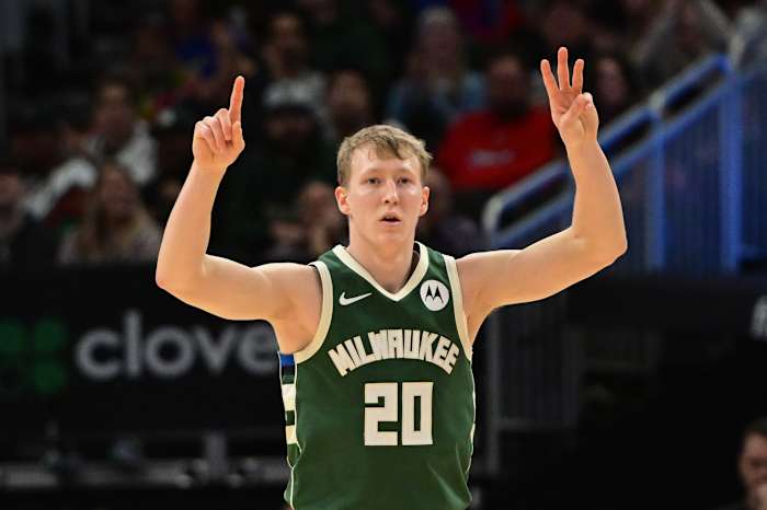 Milwaukee Bucks guard AJ Green (20) reacts after scoring a basket in the fourth quarter against the Los Angeles Clippers 