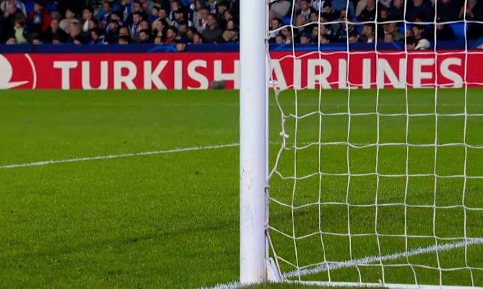 An image showing the damage caused to the Real Sociedad net by Kylian Mbappe's powerfully struck goal for Paris Saint-Germain during a Champions League game in March 2024