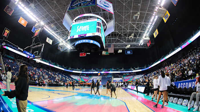 A view from courtside during the Virginia women's basketball game against Wake Forest in the first round of the 2024 ACC Women's Basketball Tournament at Greensboro Coliseum.