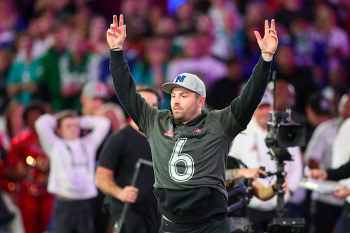 Feb 1, 2024; Orlando, FL, USA; Tampa Bay Buccaneers quarterback Baker Mayfield (6) participates in the NFL Pro Bowl Skills Competition at the UCF NIcholson Fieldhouse.
