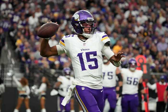 Dec 10, 2023; Paradise, Nevada, USA; Minnesota Vikings quarterback Joshua Dobbs (15) throws the ball against the Las Vegas Raiders in the first half at Allegiant Stadium. Mandatory Credit: Kirby Lee-USA TODAY Sports