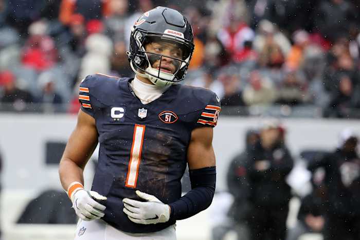 Dec 31, 2023; Chicago, Illinois, USA; Chicago Bears quarterback Justin Fields (1) during the second half against the Atlanta Falcons at Soldier Field.