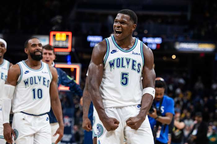 Mar 7, 2024; Indianapolis, Indiana, USA; Minnesota Timberwolves guard Anthony Edwards (5) celebrates the win over Indiana Pacers at Gainbridge Fieldhouse.