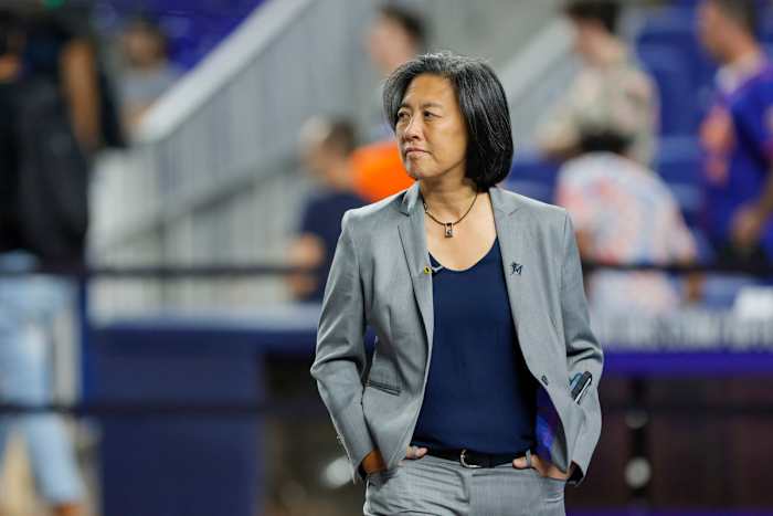 Mar 30, 2023; Miami, Florida, USA; Miami Marlins general manager Kim Ng looks on from the field prior to the game against the New York Mets at loanDepot Park. Mandatory Credit: Sam Navarro-USA TODAY Sports  