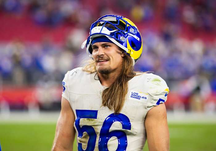 Nov 26, 2023; Glendale, Arizona, USA; Los Angeles Rams linebacker Christian Rozeboom (56) against the Arizona Cardinals at State Farm Stadium.