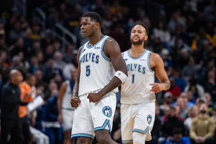 Mar 7, 2024; Indianapolis, Indiana, USA; Minnesota Timberwolves guard Anthony Edwards (5) celebrates a made shot during the second half against the Indiana Pacers at Gainbridge Fieldhouse.