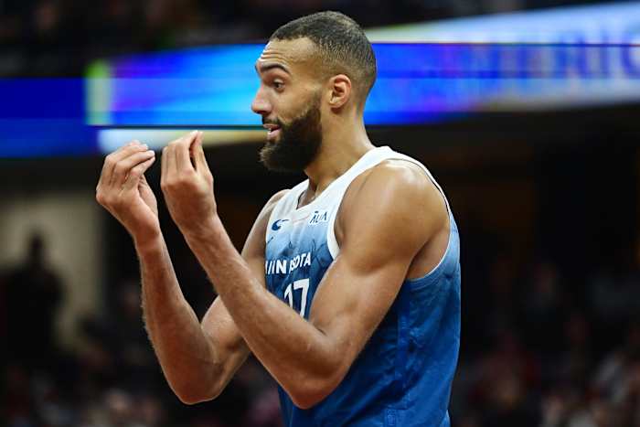 Mar 8, 2024; Cleveland, Ohio, USA; Minnesota Timberwolves center Rudy Gobert (27) reacts after fouling out during the second half against the Cleveland Cavaliers at Rocket Mortgage FieldHouse.