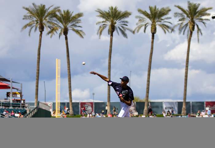 Mar 16, 2023; Goodyear, Arizona, USA; Cleveland Guardians pitcher Triston McKenzie against the Chicago White Sox during a spring training game at Goodyear Ballpark. Mandatory Credit: Mark J. Rebilas-USA TODAY Sports