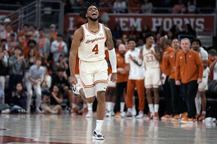 Texas Longhorns guard Tyrese Hunter (4) reacts after scoring during the second half against the Oklahoma Sooners at Moody Center.