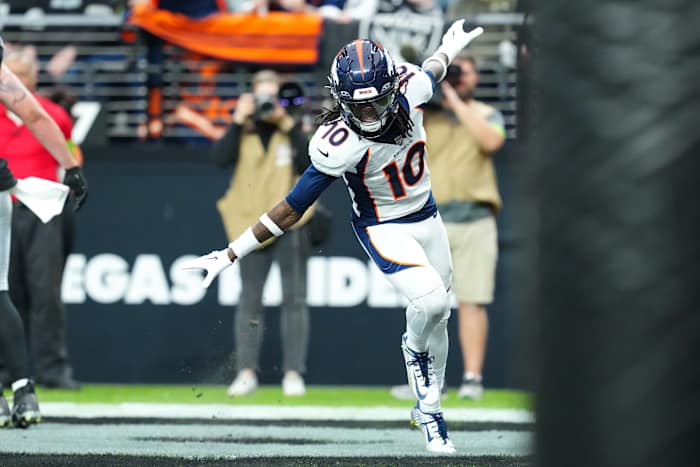 Jan 7, 2024; Paradise, Nevada, USA; Denver Broncos wide receiver Jerry Jeudy (10) celebrates after scoring a touchdown against the Las Vegas Raiders during the second quarter at Allegiant Stadium. Mandatory Credit: Stephen R. Sylvanie-USA TODAY Sports
