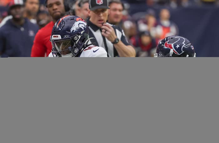 Dec 3, 2023; Houston, Texas, USA;Denver Broncos wide receiver Jerry Jeudy (10) catches the ball against Houston Texans cornerback Desmond King II (25) in the second half at NRG Stadium. Mandatory Credit: Thomas Shea-USA TODAY Sports