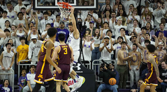 Mar 9, 2024; Evanston, Illinois, USA; Northwestern Wildcats forward Blake Preston (32) dunks the ball against the Minnesota Golden Gophers during the first half at Welsh-Ryan Arena.