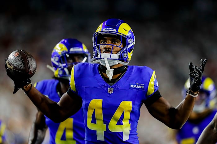 Sep 25, 2023; Cincinnati, Ohio, USA; Los Angeles Rams cornerback Ahkello Witherspoon (44) reacts after intercepting the ball in the second half against the Cincinnati Bengals at Paycor Stadium.