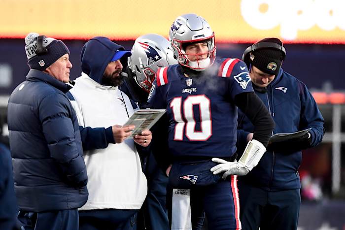 QB Mac Jones with coaches Matt Patricia and Bill Belichick