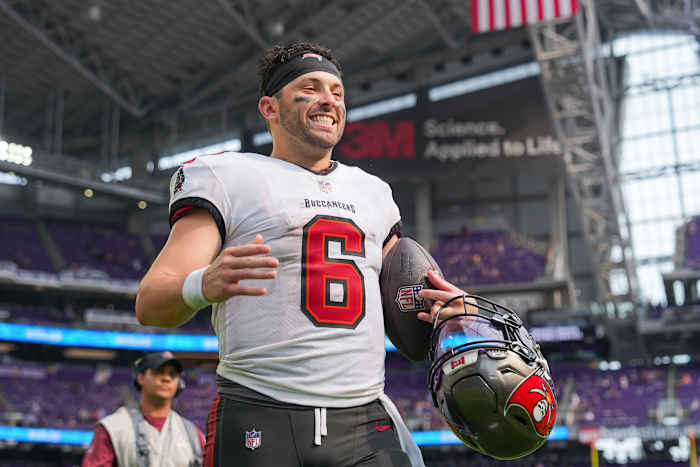 Sep 10, 2023; Minneapolis, Minnesota, USA; Tampa Bay Buccaneers quarterback Baker Mayfield (6) leaves the field after the game against the Minnesota Vikings at U.S. Bank Stadium.