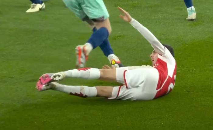 Kai Havertz pictured lying on the ground inside the penalty area after an apparent dive during Arsenal's 2-1 win over Brentford in March 2024