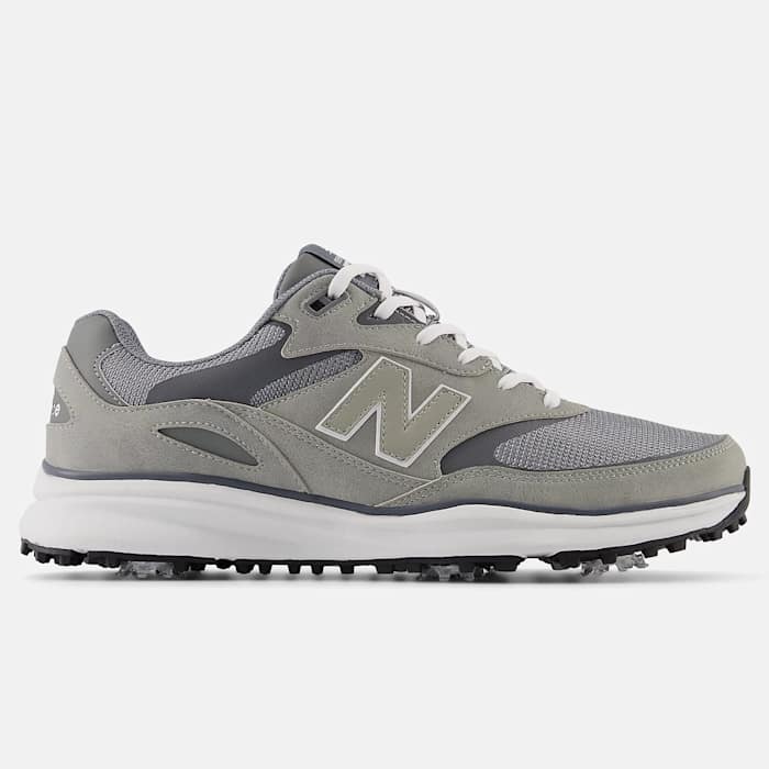 Side view of grey and white New Balance golf shoes.