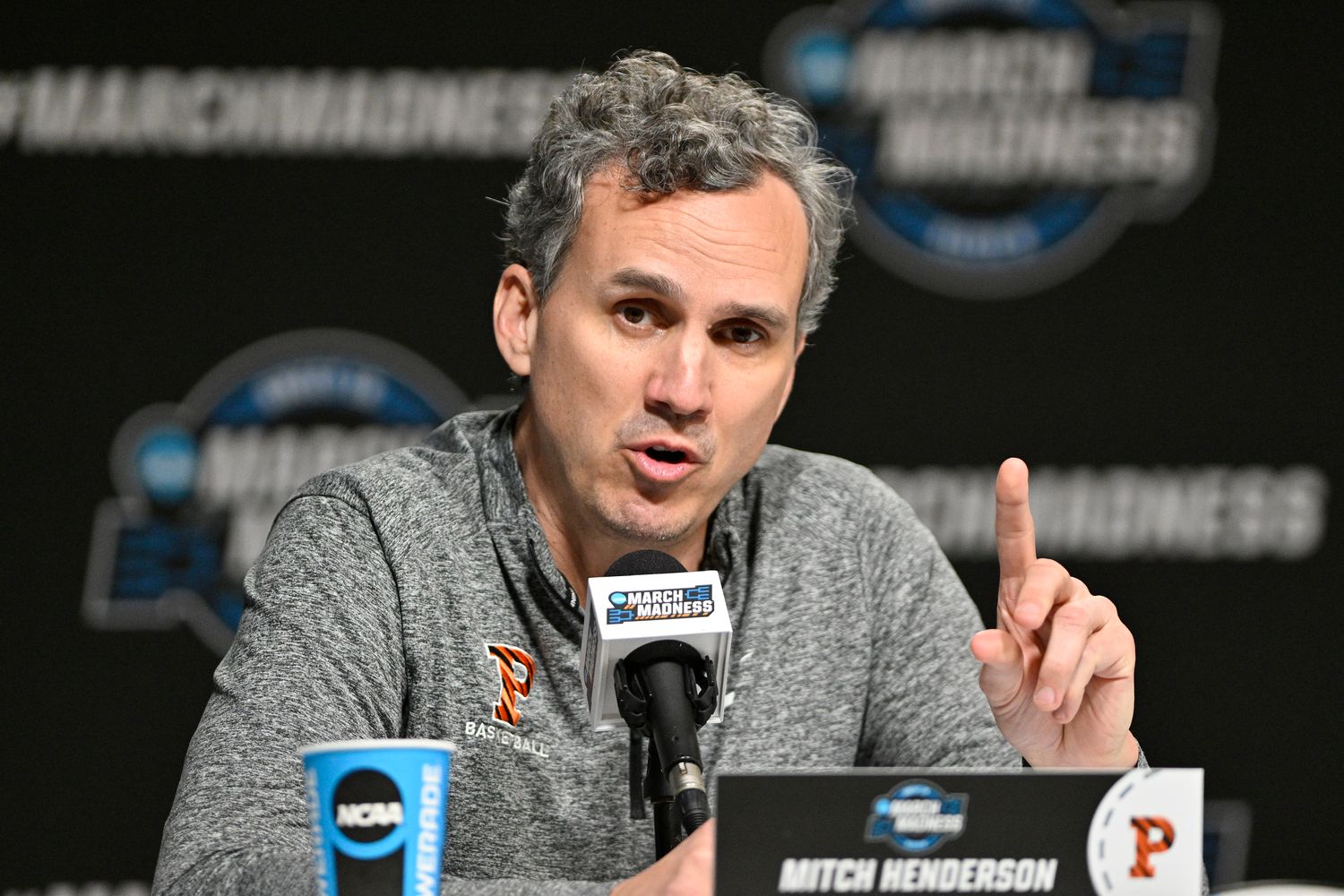 Mar 23, 2023; Louisville, KY, USA; Princeton Tigers head coach Mitch Henderson answers a question during a press conference for their NCAA Tournament South Region game at KFC YUM! Center. Mandatory Credit: Jamie Rhodes-USA TODAY Sports