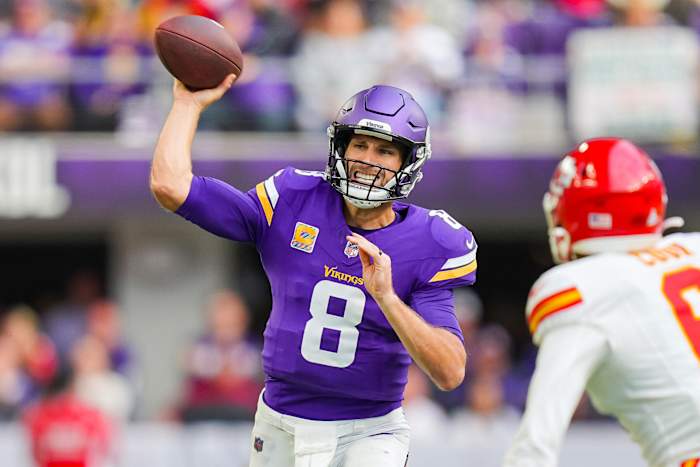 Oct 8, 2023; Minneapolis, Minnesota, USA; Minnesota Vikings quarterback Kirk Cousins (8) passes against the Kansas City Chiefs in the second quarter at U.S. Bank Stadium.