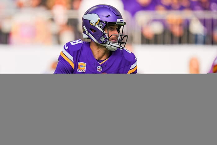 Oct 8, 2023; Minneapolis, Minnesota, USA; Minnesota Vikings quarterback Kirk Cousins (8) drops back to pass against the Kansas City Chiefs in the first quarter at U.S. Bank Stadium.