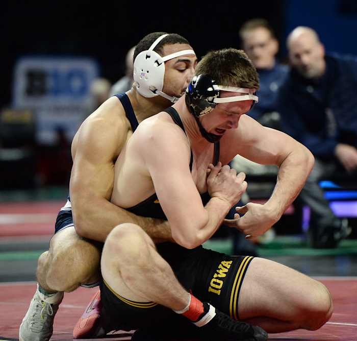 Penn State's Aaron Brooks controls Iowa's Zach Glazier during the 197-pound final at the Big Ten Wrestling Championships. Brooks won by technical fall, 19-3. (Andy Mason/Herald-Mail / USA TODAY NETWORK)