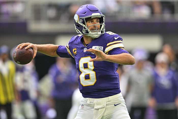 Sep 10, 2023; Minneapolis, Minnesota, USA; Minnesota Vikings quarterback Kirk Cousins (8) throws a pass against the Tampa Bay Buccaneers during the first quarter at U.S. Bank Stadium.